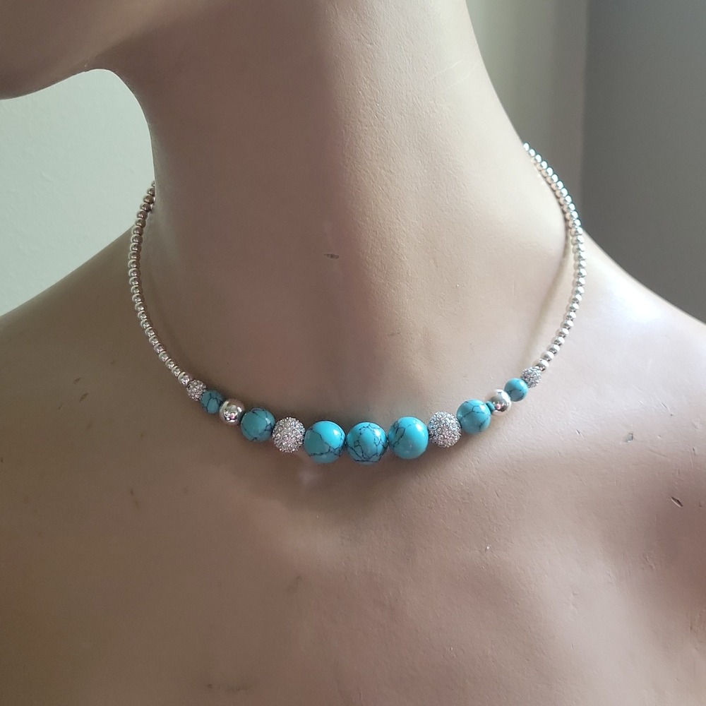Monet Faux Turquoise Blue Beaded Silver Tone Choker Necklace Adjustable 16-19in